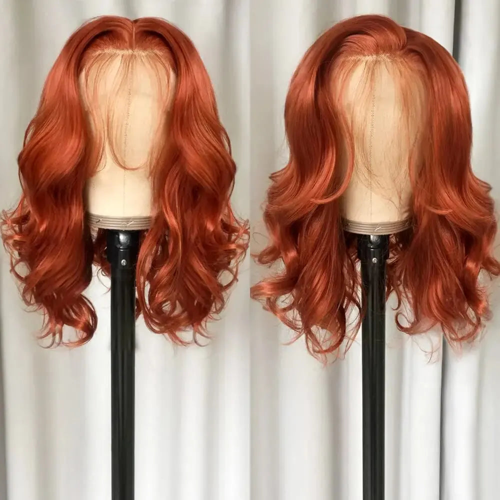 Ginger Orange 13*4 Lace Front Wigs Dark Orange Body Wave Synthetic Lace Front Wig for Women Pre Plucked Hairline Wig 14 Inch Good Vibrations