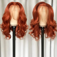 Ginger Orange 13*4 Lace Front Wigs Dark Orange Body Wave Synthetic Lace Front Wig for Women Pre Plucked Hairline Wig 14 Inch Good Vibrations
