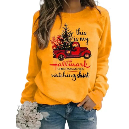 Christmas Tree Car Printed Long Sleeve Collar Loose Round Neck Hoodie Winter Autumn Graphic T Shirts  Women Clothing Good Vibrations