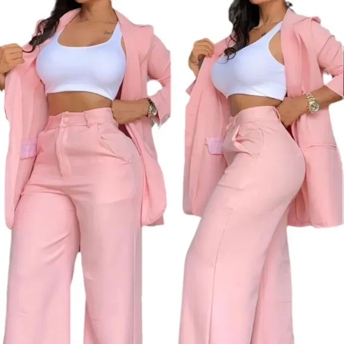 Women Pant Sets Two Piece Set Pants Turn Down Collar Single Breasted Tracksuit Outerwear Ankle Length Straight Pockets Loose Good Vibrations