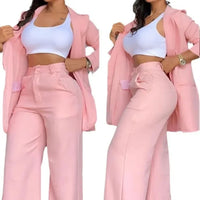 Women Pant Sets Two Piece Set Pants Turn Down Collar Single Breasted Tracksuit Outerwear Ankle Length Straight Pockets Loose Good Vibrations