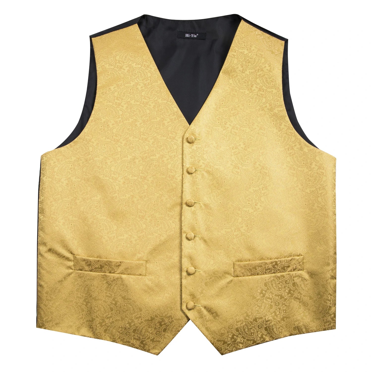 Hi-Tie Black Men Silk Vest Paisley Jacquard Necktie Hankerchief Cufflinks Sets Male Sleeveless V-Neck Waistcoat Business Formal Good Vibrations