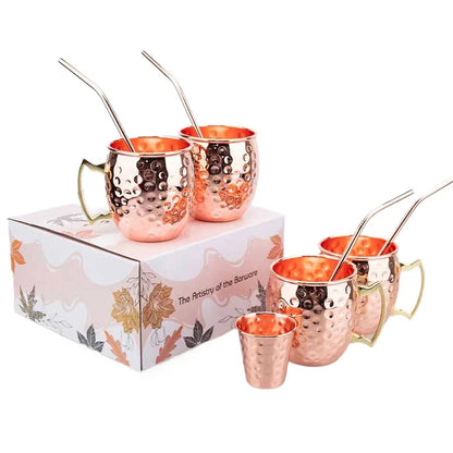 Moscow Mule Mug Set with Straw Copper Plated Hammered 350ml - 304 Stainless Steel Mini Cups with Gift Box for Bar and Home Good Vibrations