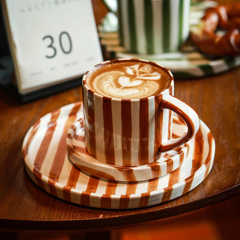 Ceramic Coffee Mug Three-piece Set Hand-painted Striped Mug Afternoon Camellia Tea Mug Breakfast Milk Oatmeal Mug Cake Plate New Good Vibrations