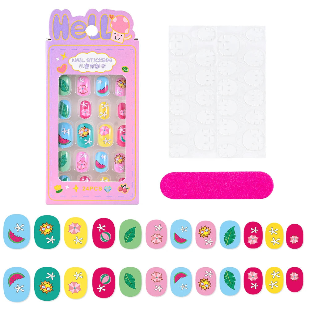 24Pcs/box Kids nails for Girl Cartoon Pattern False Nail Cute Child Fake Nails Tips Kawaii Acrylic Artificial Press on Nail+Tool Good Vibrations