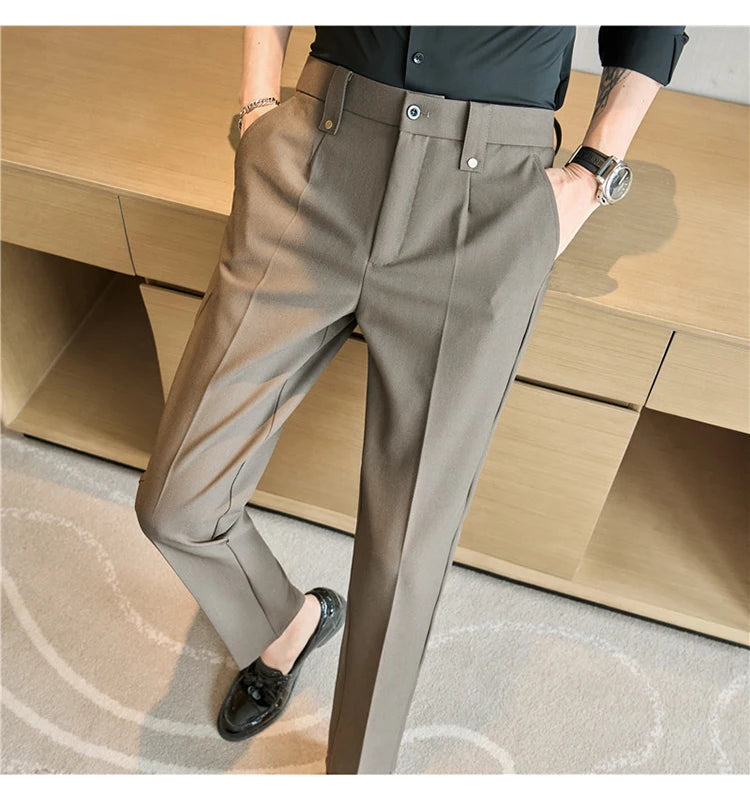 Mens Suit Pants 2025 Autumn New British Style Elastic Waist Solid Casual Formal Dress Pants Slim Fit Trousers for Men Clothing Good Vibrations