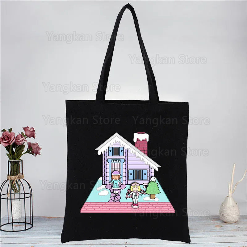Kawaii Polly Pocket Shopping Bag Women Canvas Tote Bags Printing Eco Bag Cartoon Shopper Shoulder Bags Black Good Vibrations