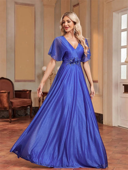 Elegant Royal V-neck Formal Evening Dress 2025 Women Short Sleeves Applique Wedding Party Dresses Long Gowns Good Vibrations