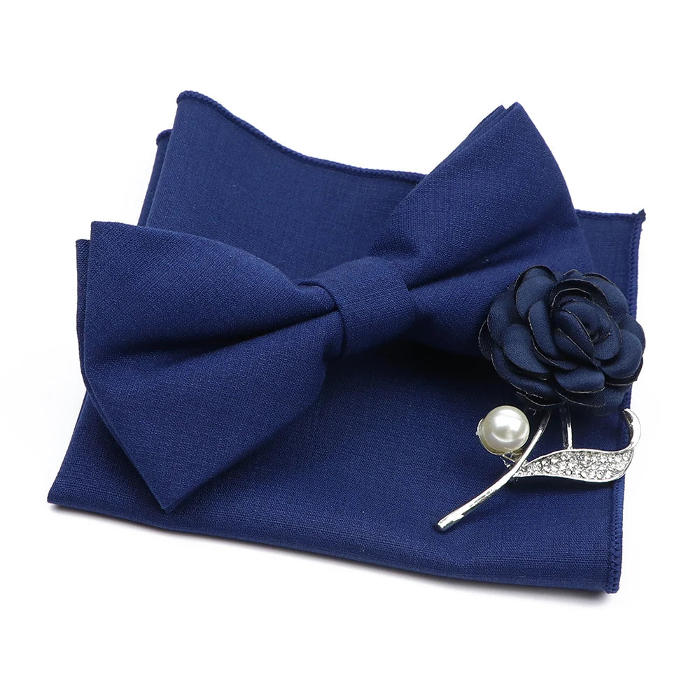 Mens Wedding Bowtie Brooch Set Romantic Solid Color Bamboo Fiber Bowknot Flower Lapel Pin Blue Pink Cravat Suit Shirt Accessory Good Vibrations