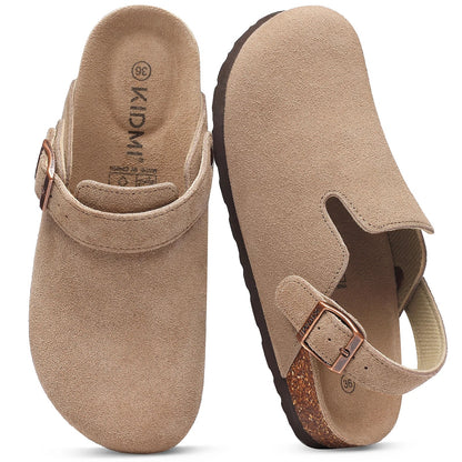 Comwarm Women's Suede Clogs with Adjustable Strap Cork Footbed Leather Mules Slippers Unisex Outdoor Comfortable Potato Shoes Good Vibrations