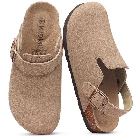 Comwarm Women's Suede Clogs with Adjustable Strap Cork Footbed Leather Mules Slippers Unisex Outdoor Comfortable Potato Shoes Good Vibrations