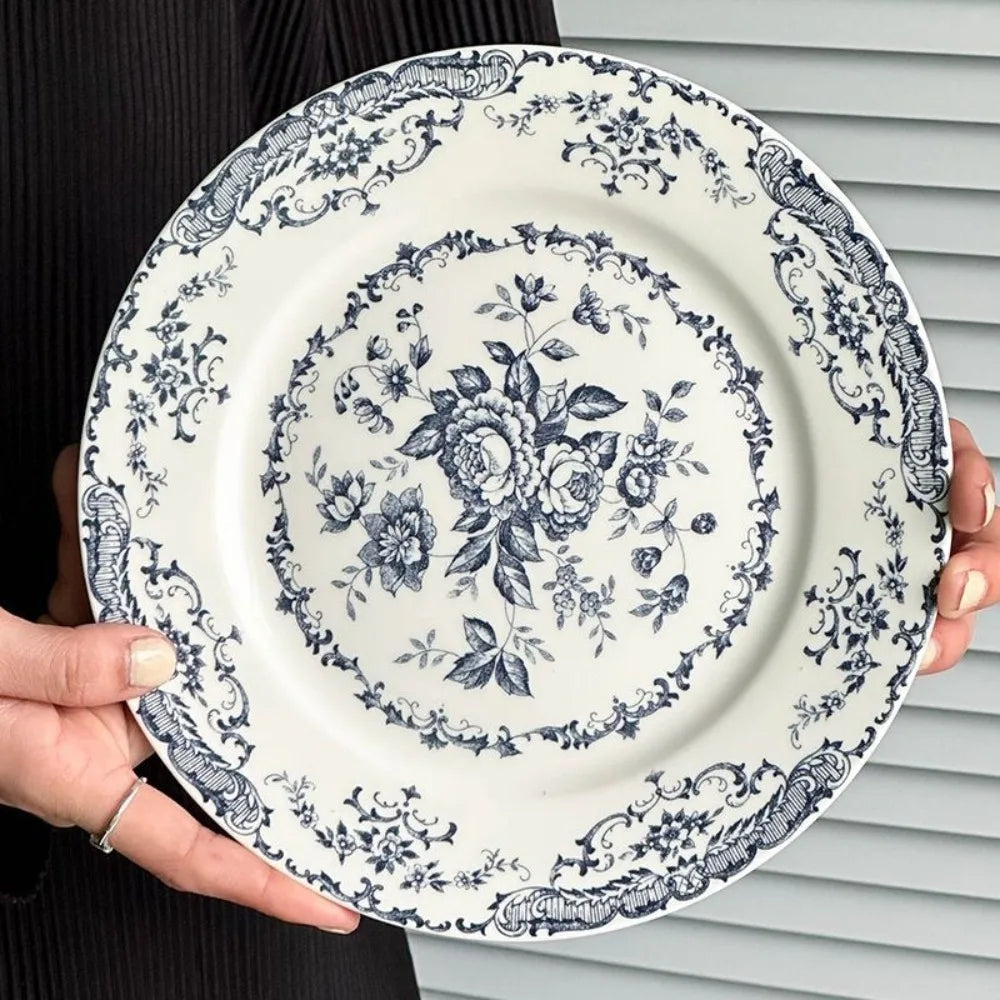 Dinner Set Retro Nordic Flower Pattern Disc Ceramic Elegant Dinner Plate Exquisite Round Shallow Plate Kitchen Good Vibrations