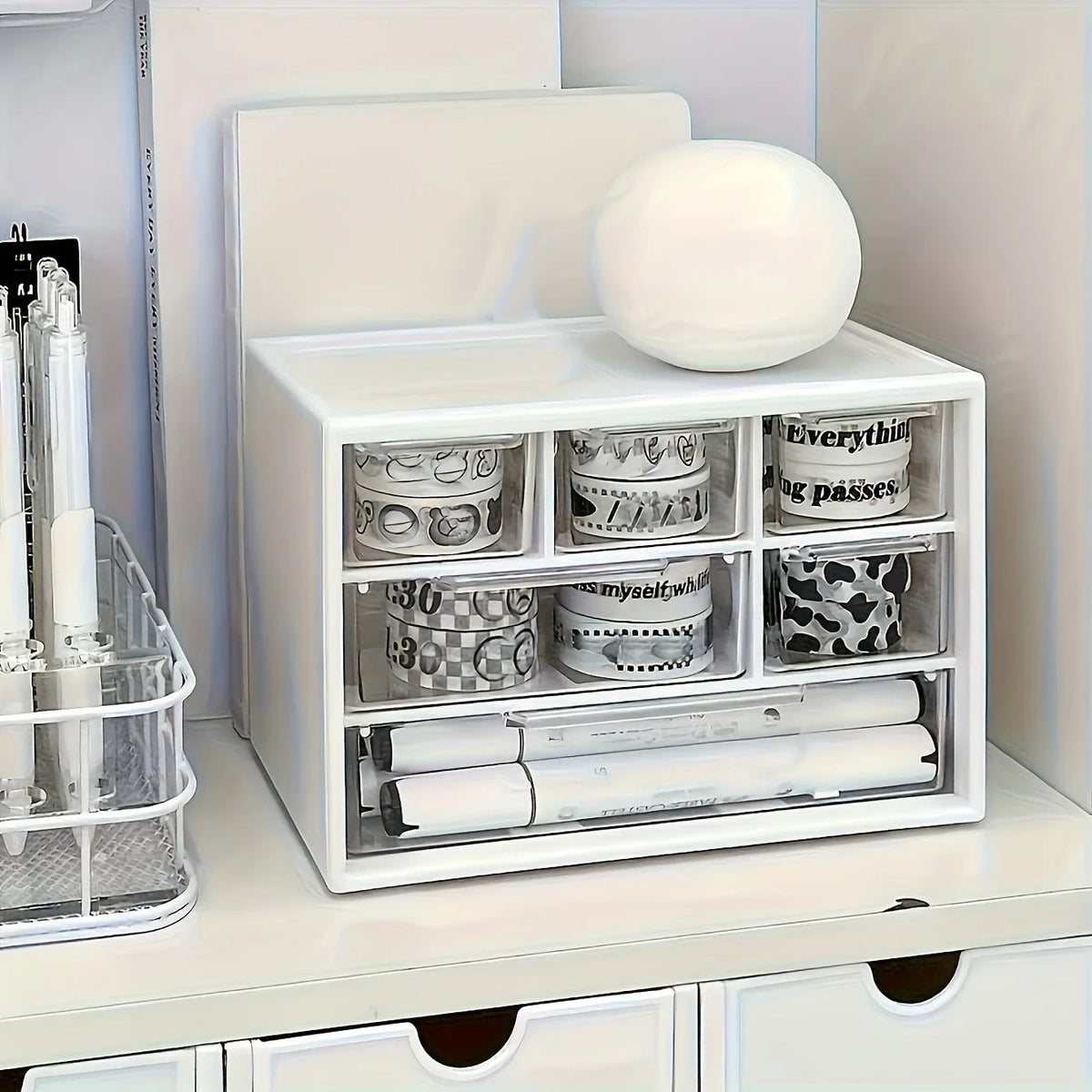 Desktop Organizer with Six Drawers-Spacious and Multifunctional Container,Perfect for Office Supplies,Stationery,Dorm Essentials Good Vibrations