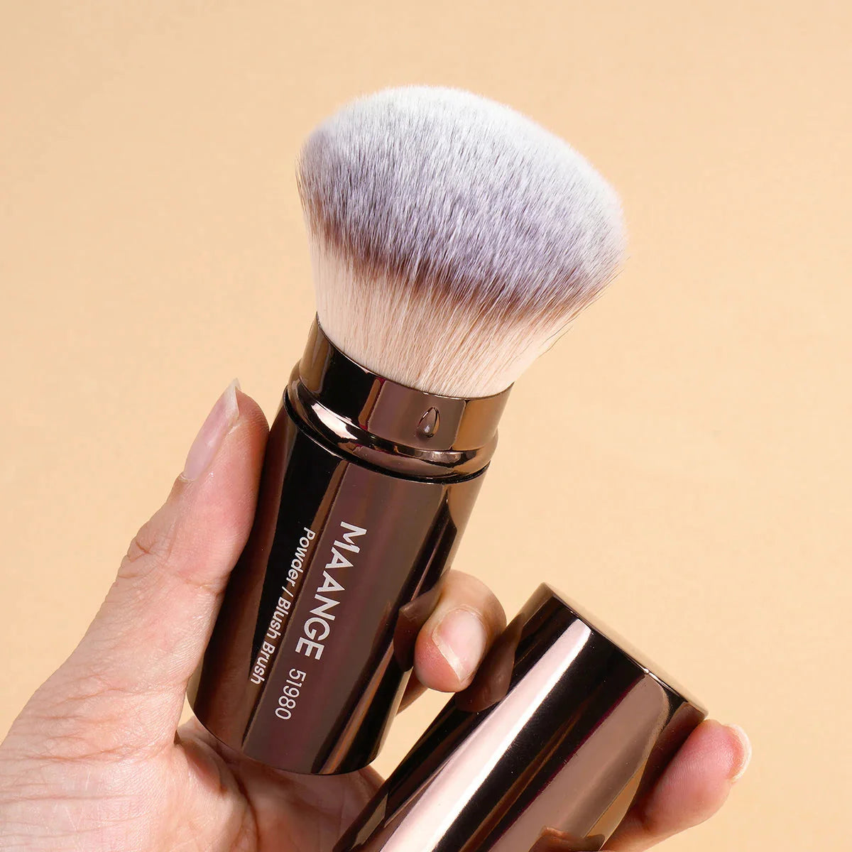 Retractable foundation makeup brush with soft synthetic bristles and metal handle, portable and fluffy kabuki style for blush and powder application
