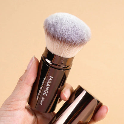 Retractable foundation makeup brush with soft synthetic bristles and metal handle, portable and fluffy kabuki style for blush and powder application