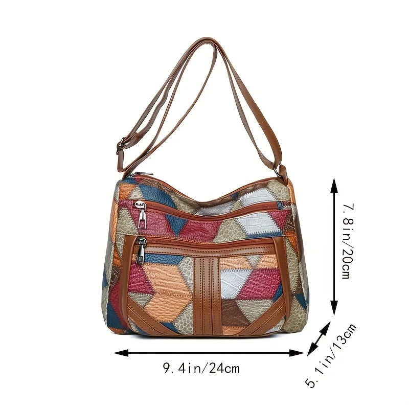 Chic Crossbody Bags for Women Stylish Stitching, Geometric Pattern, Multi Compartment Design with Zipper Closure, Travel Purse Good Vibrations