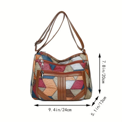 Chic Crossbody Bags for Women Stylish Stitching, Geometric Pattern, Multi Compartment Design with Zipper Closure, Travel Purse Good Vibrations