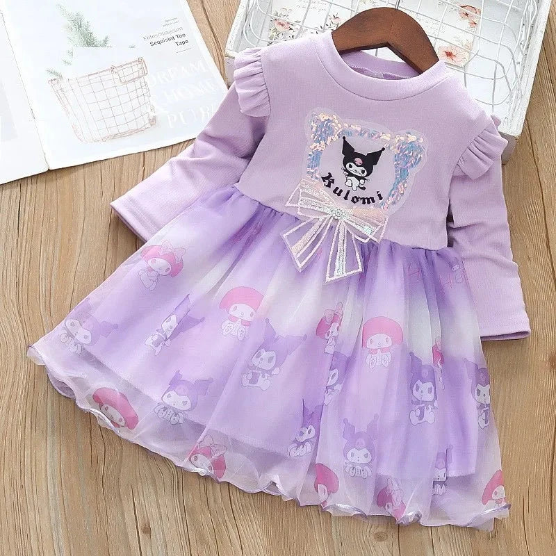 Fashion Girls Dress Spring Autumn Mesh Cartoon Kuromi Long Sleeve Princess Dresses for 2-6 Years Kids Birthday Party Costume Good Vibrations