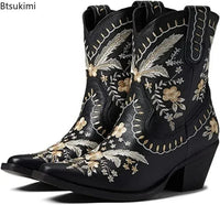 New 2025 Embroidered Western Boots For Women Ankle Bootie Cowboy Cowgirls Flower Print Fashion Chunke Heel Slip On Ankle Boots Good Vibrations