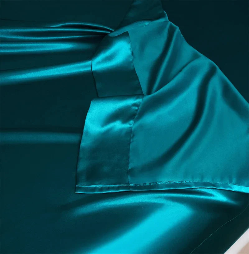 Summer Luxury Satin Silk-like Bed Sheet Set (Flat Sheet + Fitted Sheet + Pillowcase) Solid Color Mattress Cover Twin Full Queen Good Vibrations