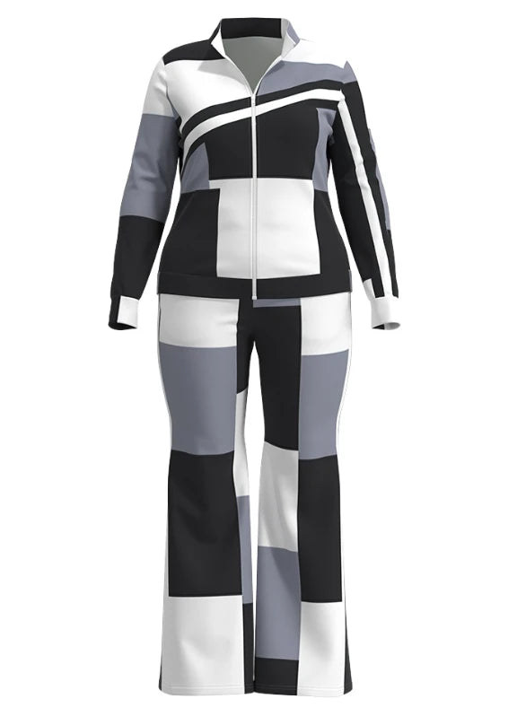 Two Piece Set Women Outfit 2023 Autumn Fashion Geometric Print Stand Collar Long Sleeve Zip Up Top & Casual Sporty Pants Set Good Vibrations