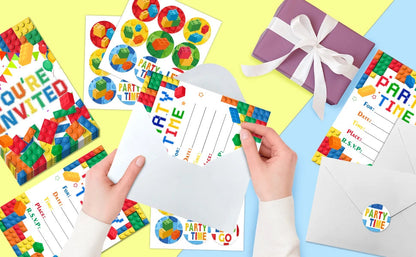 Building Blocks Birthday Invitations, Brick Party Invitation Card Building Birthday Invites with Stickers & Envelopes(24 Guests) Good Vibrations