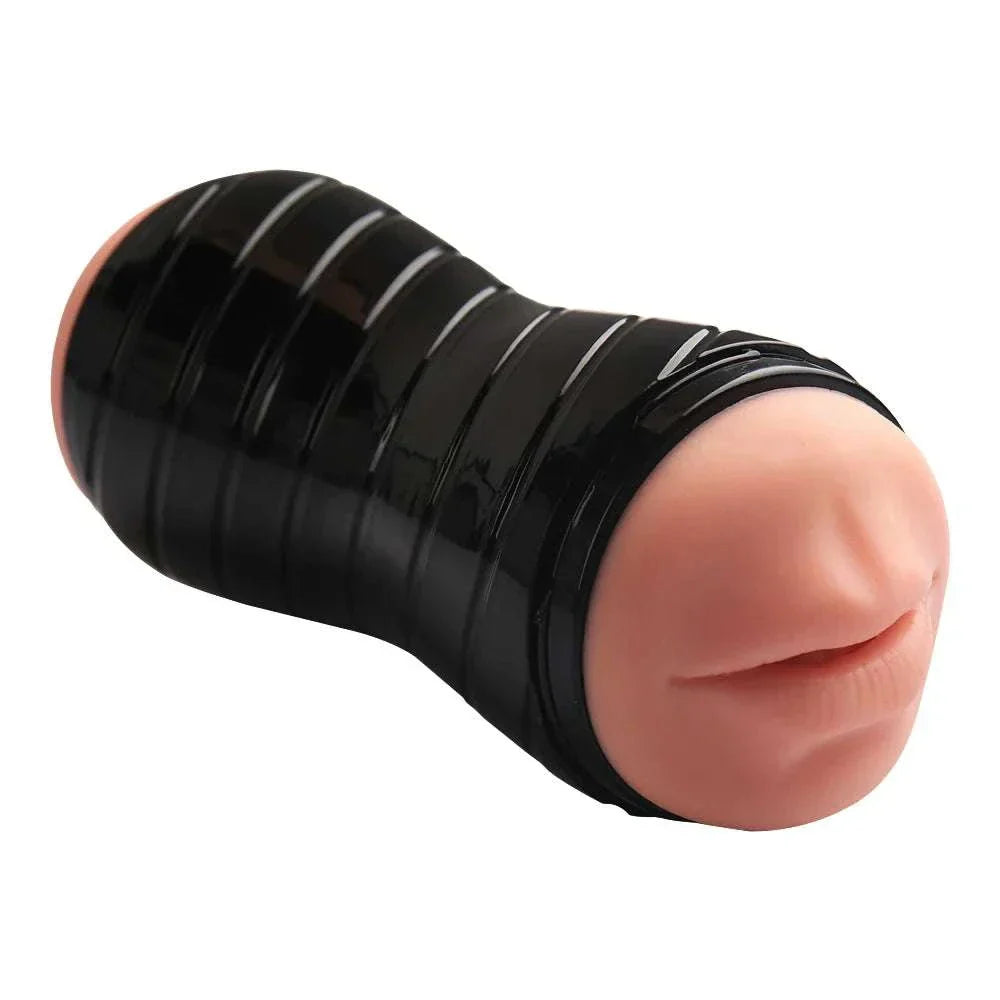 Male masturbation cup with realistic texture and dual head design for enhanced pleasure.