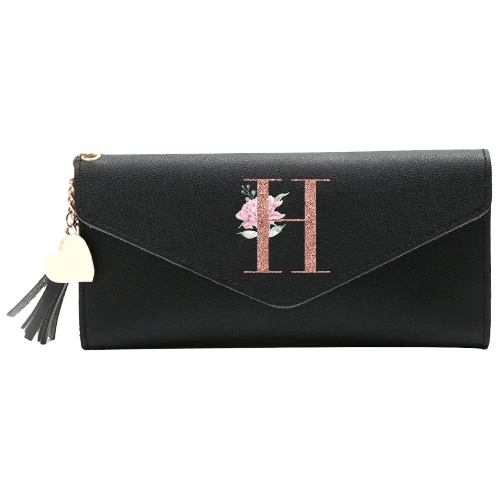 Wallet Black Small Leather Coin Purse Rfid Blocking Wallet Rose Gold Pattern Mini Purse with ID Window for Women Good Vibrations