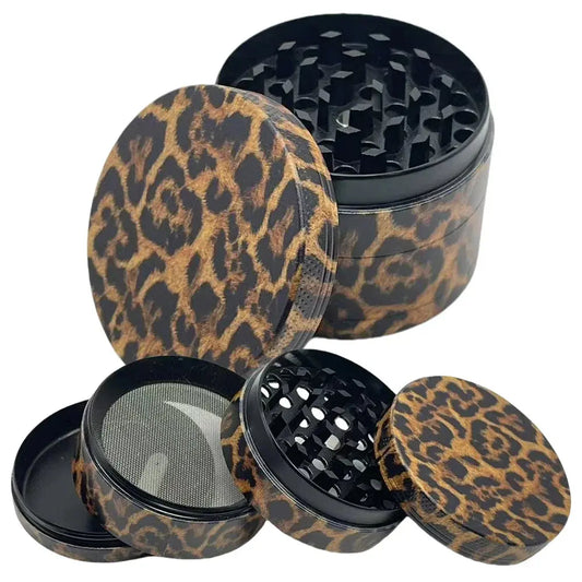 40/50mm Leopard Print Herb Grinder with 4 Layers and Magnetic Lid.