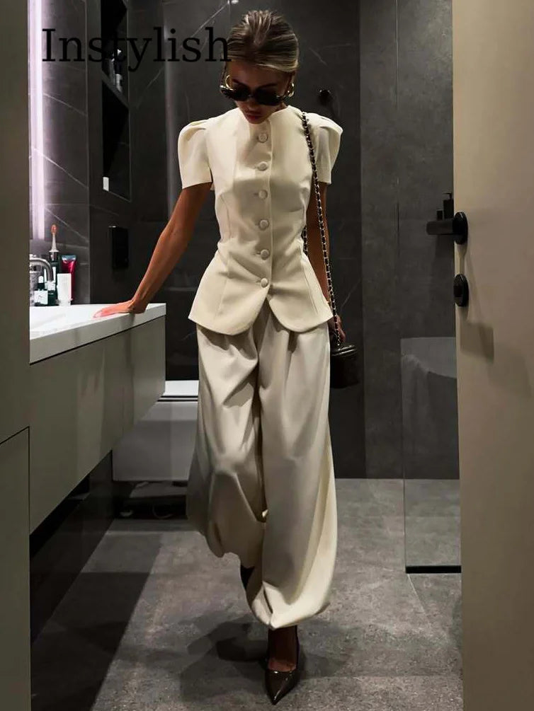 Womens 2 Piece Outfit Round Neck Puff Sleeve Fitted Blazer Top High Waist Wide Leg Pants Elegant Office Workwear White Suits Good Vibrations
