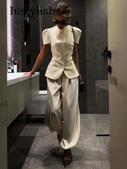 Womens 2 Piece Outfit Round Neck Puff Sleeve Fitted Blazer Top High Waist Wide Leg Pants Elegant Office Workwear White Suits Good Vibrations