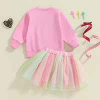 Toddler Birthday Clothes Baby Girl Tutu Skirt Outfit Letter Print Sweathsirt Rainbow Tulle Skirt Fall Winter Sets Good Vibrations
