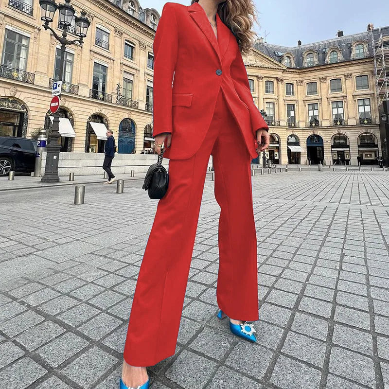Women Single Button Suit Stylish Women's Formal Business Suit Lapel Coat Wide Leg Pants Set For Office Lady Elegant Solid Color Good Vibrations