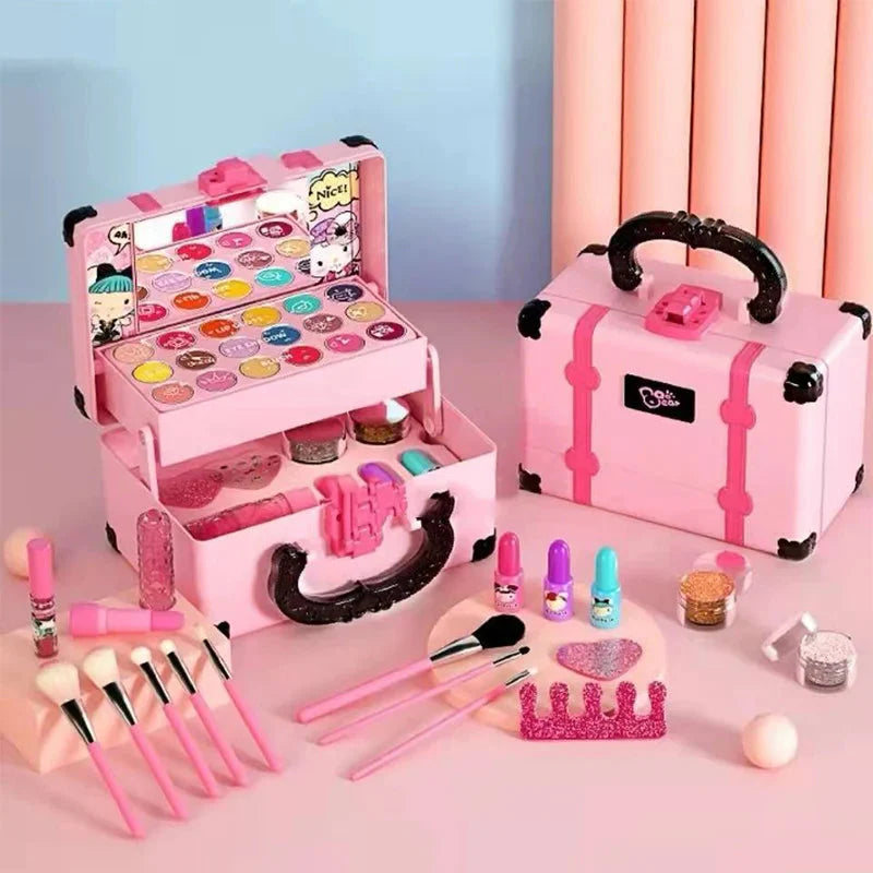 Children makeup cosmetics playset with pink suitcase, brushes, lipstick, eyeshadow, and glitter accessories for girls.