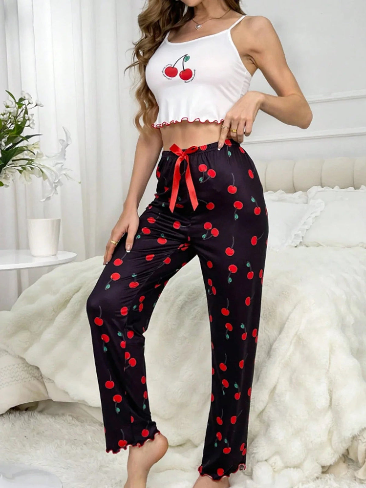 Y2K Coquette Cherry Print Pajama Set Womens Cami Crop Top Pants Two Piece Sleepwear Loungewear Summer Spring Autumn Outfits Good Vibrations