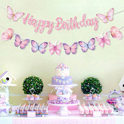 Pink Happy Birthday Banner With Butterfly Dancing Hanging Pendant Garlands  Girls Princess 1st Happy Birthday Party Decorations Good Vibrations