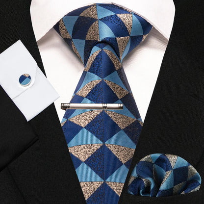 8cm Silk Mens Ties Green Black Ties plaid stripe NeckTie Pocket Square Cufflinks Tie clips Set Men's Wedding business Party Tie Good Vibrations