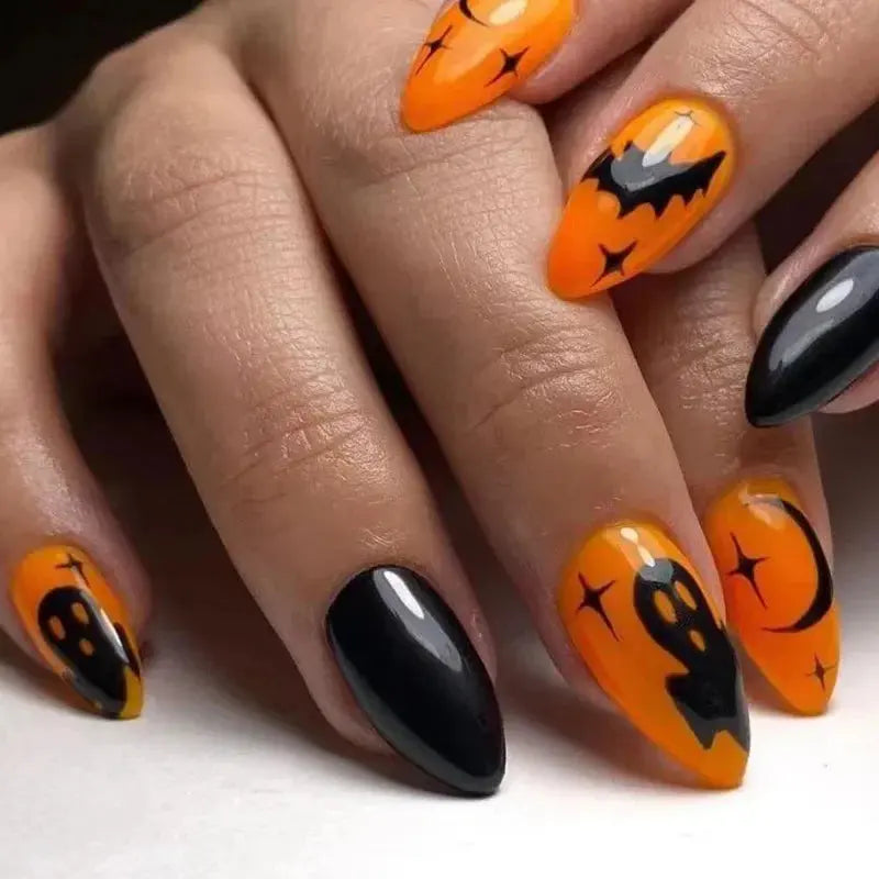 24Pc Halloween False Nails with Almond Head Designs Cute Clown Fake Nails French Full Cover Manicure Press on Nail Tips for Girl Good Vibrations