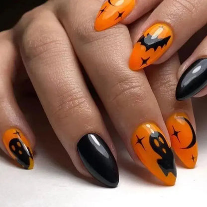 24Pc Halloween False Nails with Almond Head Designs Cute Clown Fake Nails French Full Cover Manicure Press on Nail Tips for Girl Good Vibrations