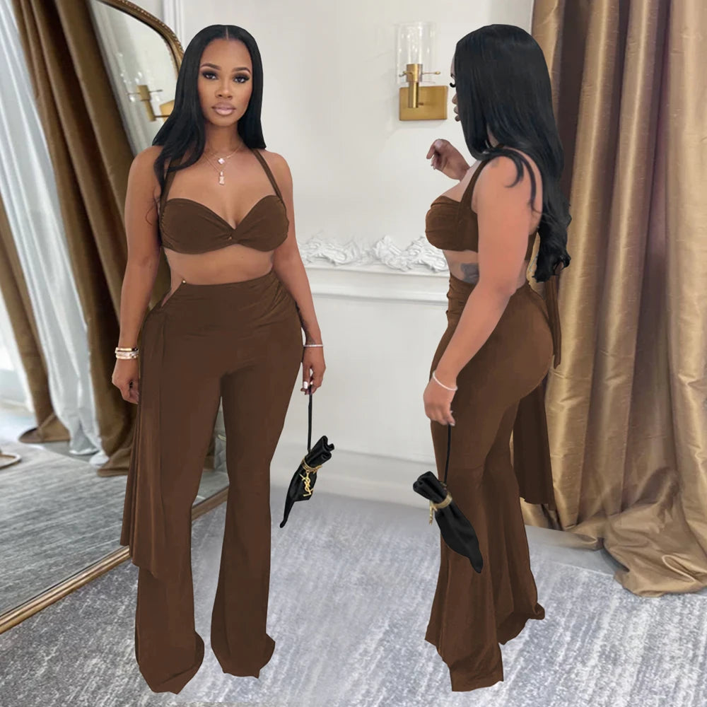Sexy Women Outfits Twist-Front Crop Top and Long Straps Wide Leg Pants Sets Ruched Metal Tracksuits Sets Chic Night Out Overalls Good Vibrations