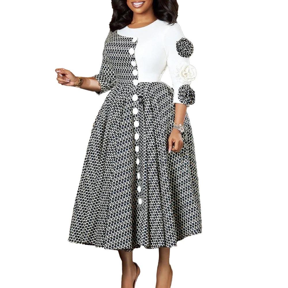 Elegant Dresses for Women 2025 Fall Fashion African 3/4 Sleeve Party Birthday New Robe Chic 3D Flower Plaid Evening A-Line Dress Good Vibrations