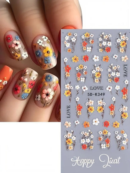 ★★★Colorful 5D Flower Embossed Nail Stickers Fresh Floral Designs Five-Petal Flower Self-Adhesive DIY Nail Art Decals Good Vibrations