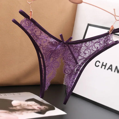 Poblador Sexy Lingerie Women's Panties Crotch Opening Transparent G-strings Thongs Solid Bowknot Underwear for Women Lace Pantys Good Vibrations