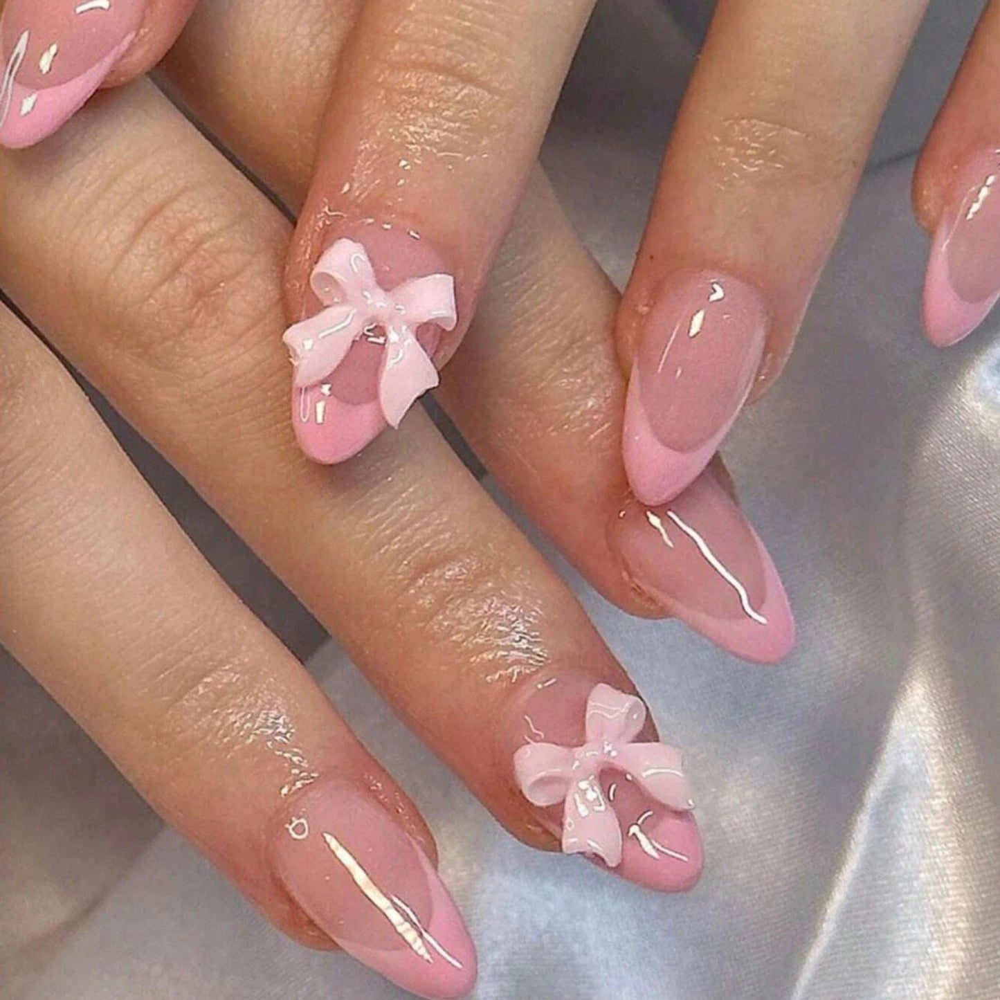 White French Press on Nails 3D Bowknot Fake Nails Tips Full Cover Wearable False Nails for Women and Girls DIY Manicure 24Pcs Good Vibrations