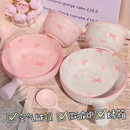 Pink Bow Ceramic Cutlery Set, Dessert Home Tableware Ceramic Handle Bowl Yogurt Cup High Value Breakfast Plate Drinkware Good Vibrations