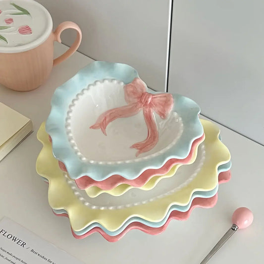 INS Wind Bowl Plate Cute Wave Edge Bow Knot Love Wave Dot Ceramic Lace Tableware Girl Heart Home Rice Bowl Plate Dessert Plate Good Vibrations