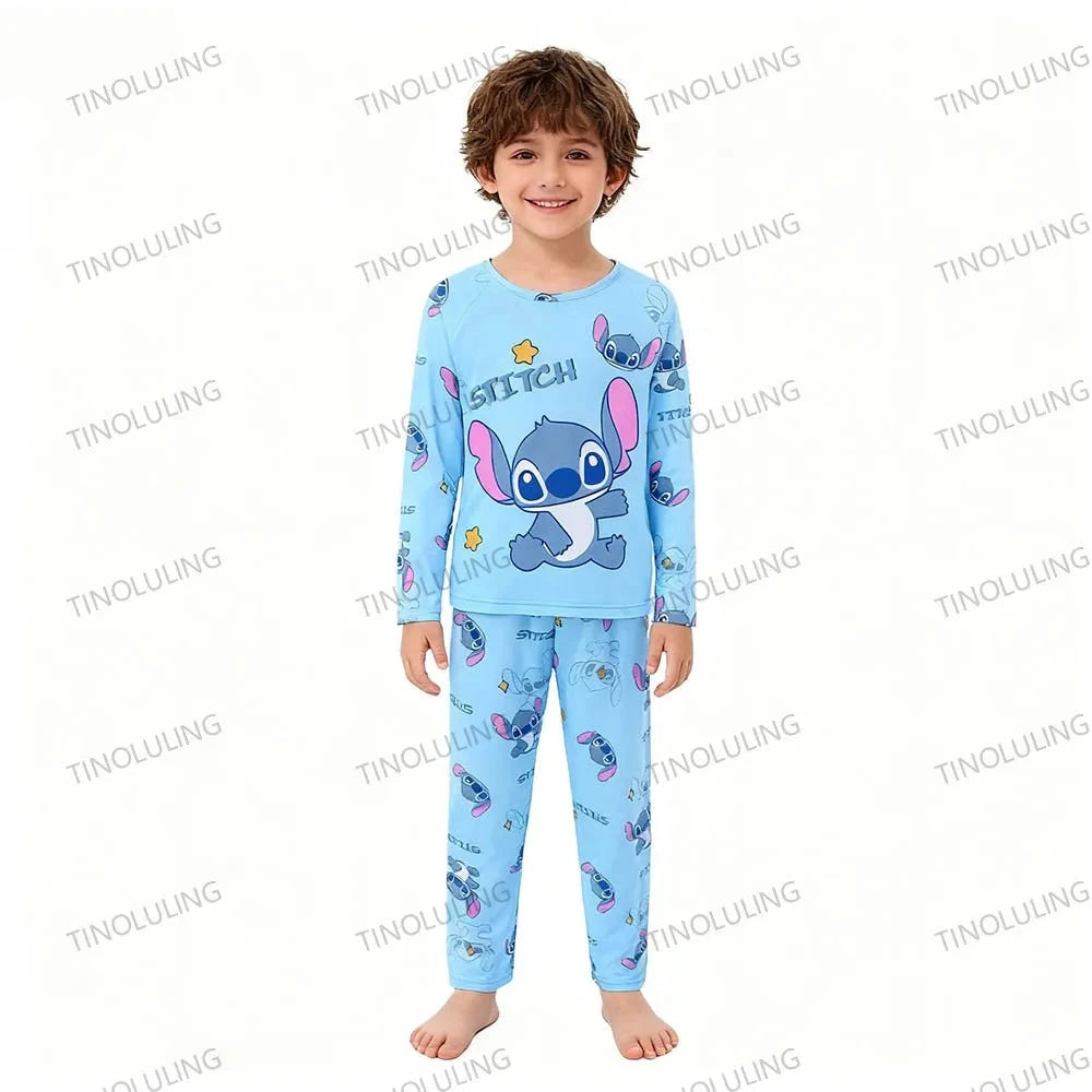 Children's Cartoon Stitch Pajamas Sets Boys Pijamas Girls Mickey Hello Kitty Sleepwear Comfortable Long Sleeve Nightwear Pjs Good Vibrations