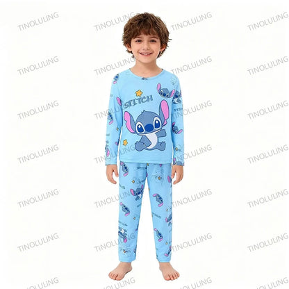 Children's Cartoon Stitch Pajamas Sets Boys Pijamas Girls Mickey Hello Kitty Sleepwear Comfortable Long Sleeve Nightwear Pjs Good Vibrations