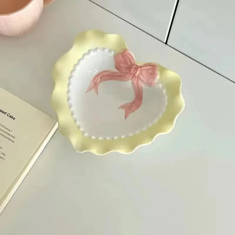 INS Wind Bowl Plate Cute Wave Edge Bow Knot Love Wave Dot Ceramic Lace Tableware Girl Heart Home Rice Bowl Plate Dessert Plate Good Vibrations
