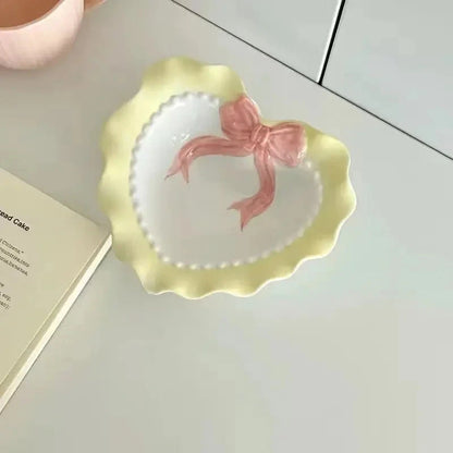 INS Wind Bowl Plate Cute Wave Edge Bow Knot Love Wave Dot Ceramic Lace Tableware Girl Heart Home Rice Bowl Plate Dessert Plate Good Vibrations